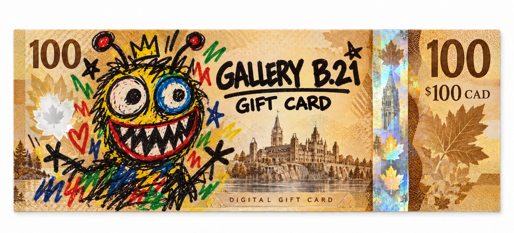 Gallery B21 $100 CAD digital gift card — Canadian banknote design with colourful childlike marker artwork